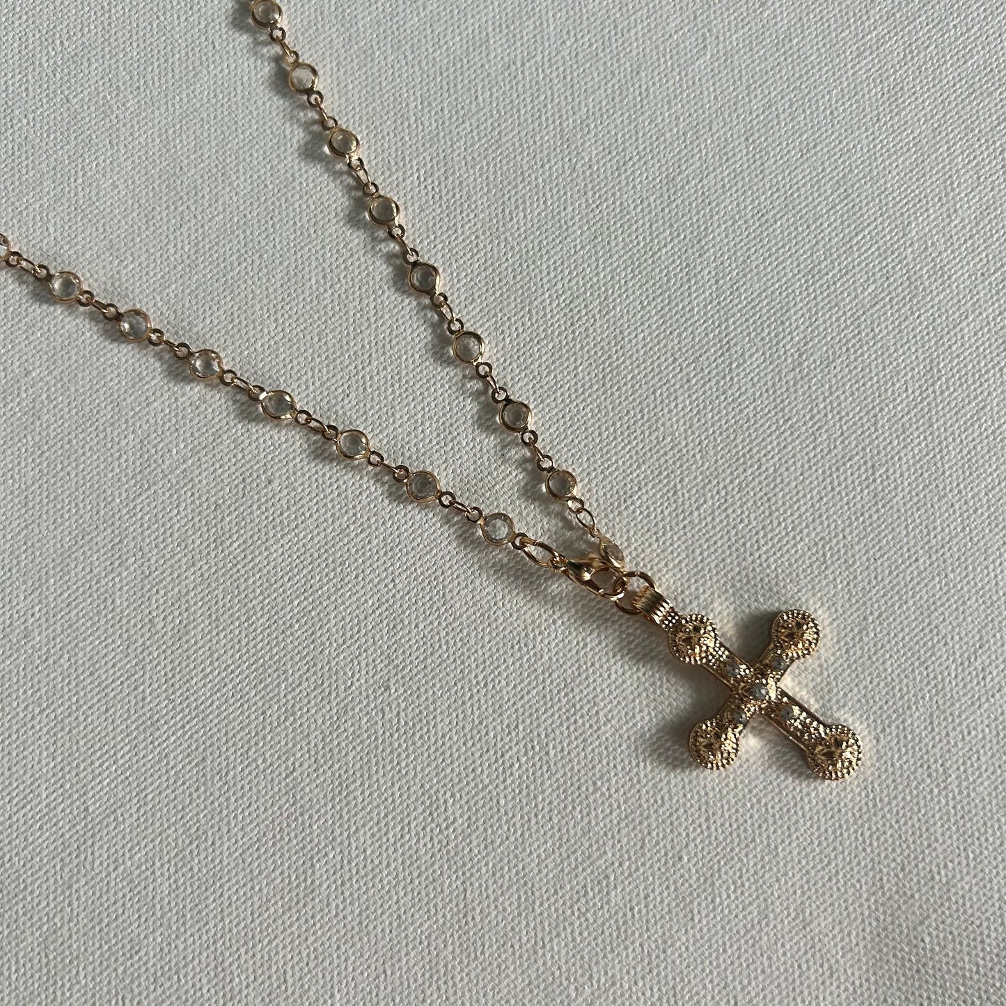 Mileva Cross Necklace in Gold with Clear Crystal Beads