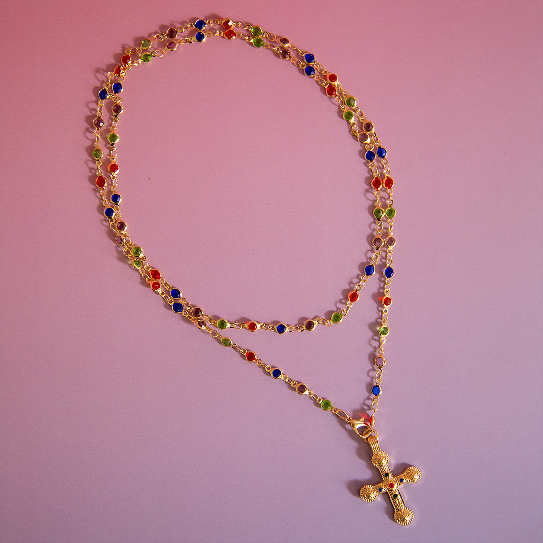 Mileva Cross Necklace in Gold with Colourful Beads
