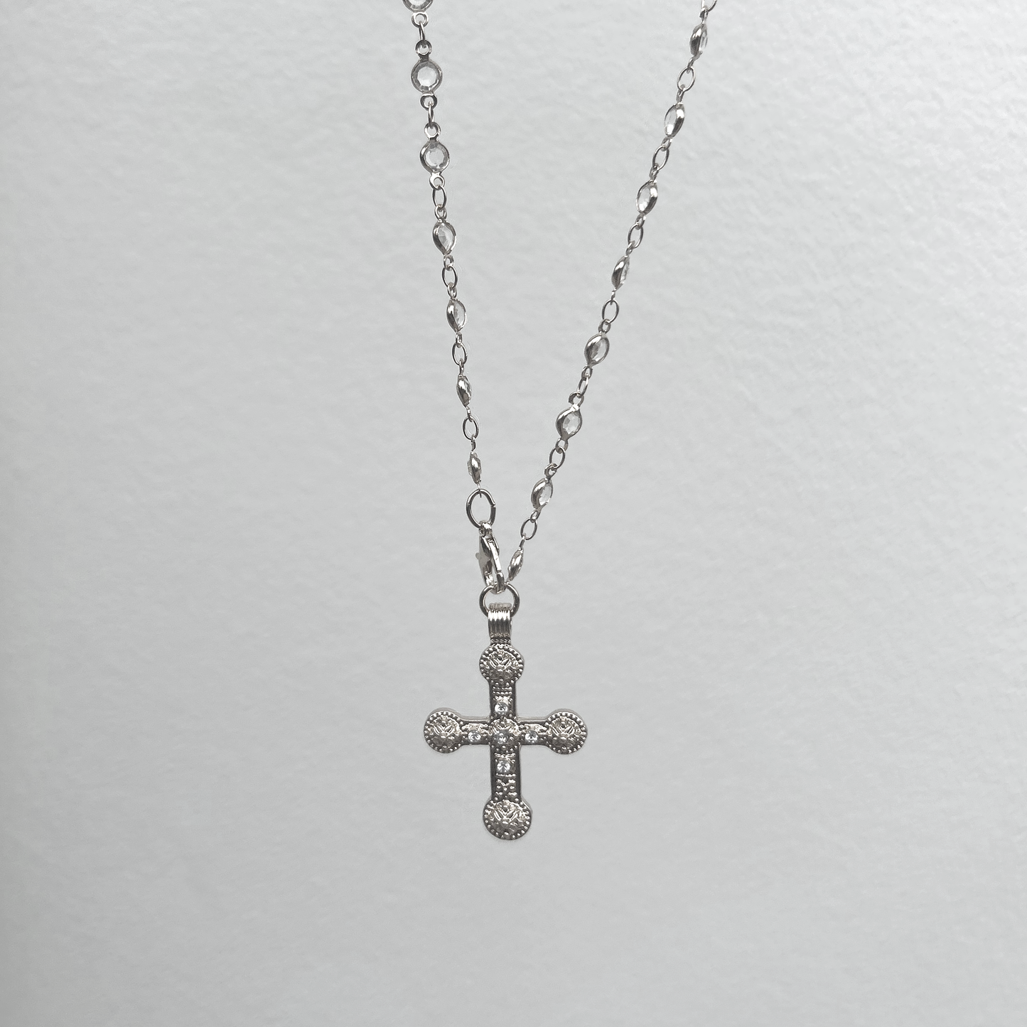 Mileva Cross Necklace in Silver with Clear Crystal Beads
