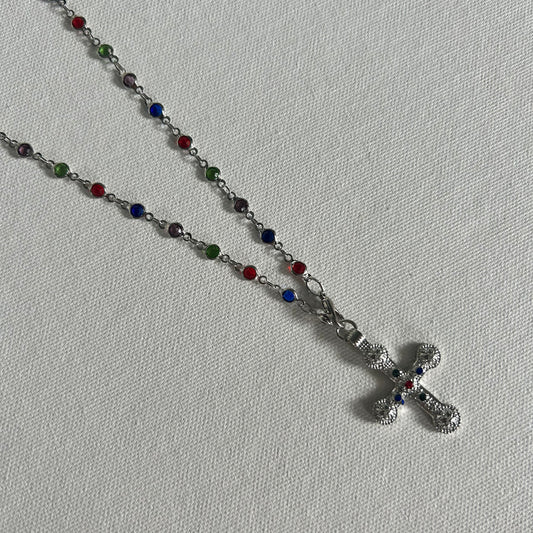 Mileva Cross Necklace in Silver with Colourful Beads