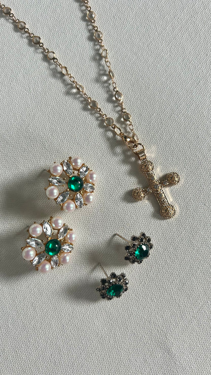 Mileva Cross Necklace in Gold with Clear Crystal Beads