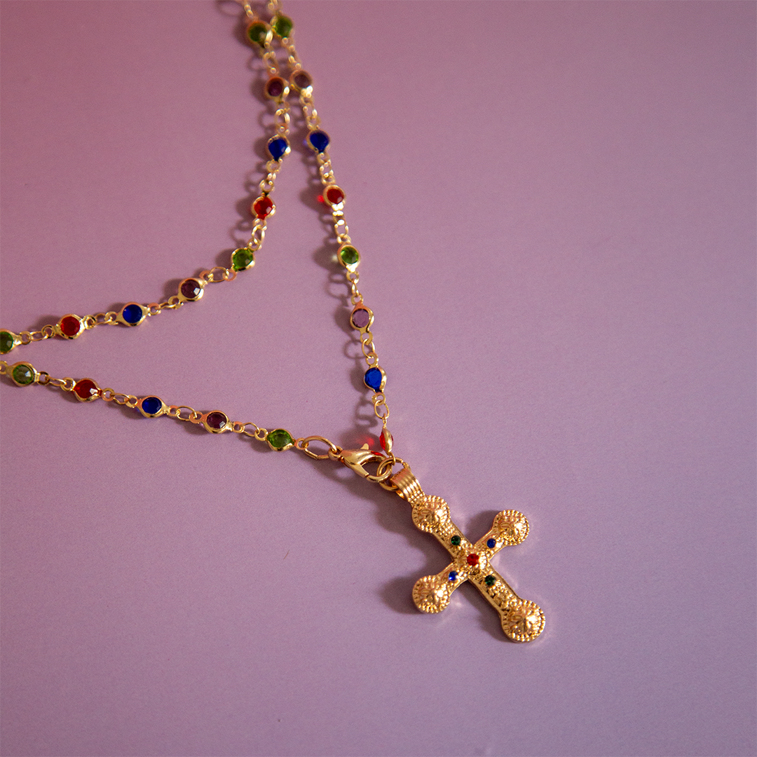 Mileva Cross Necklace in Gold with Colourful Beads