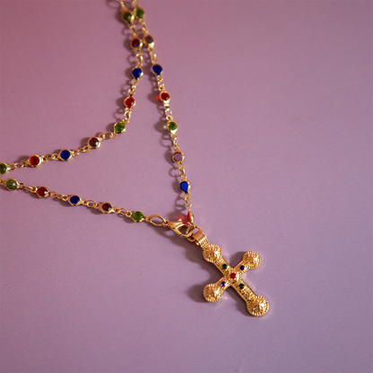 Mileva Cross Necklace in Gold with Colourful Beads