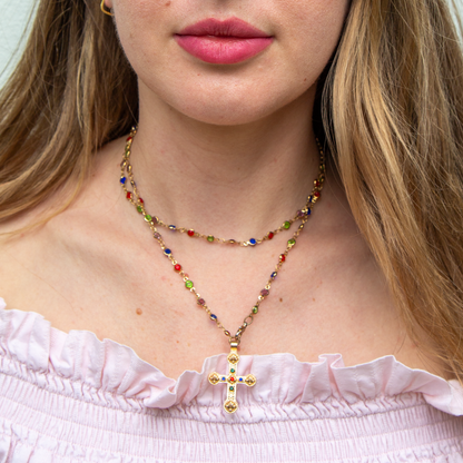 Mileva Cross Necklace in Gold with Colourful Beads