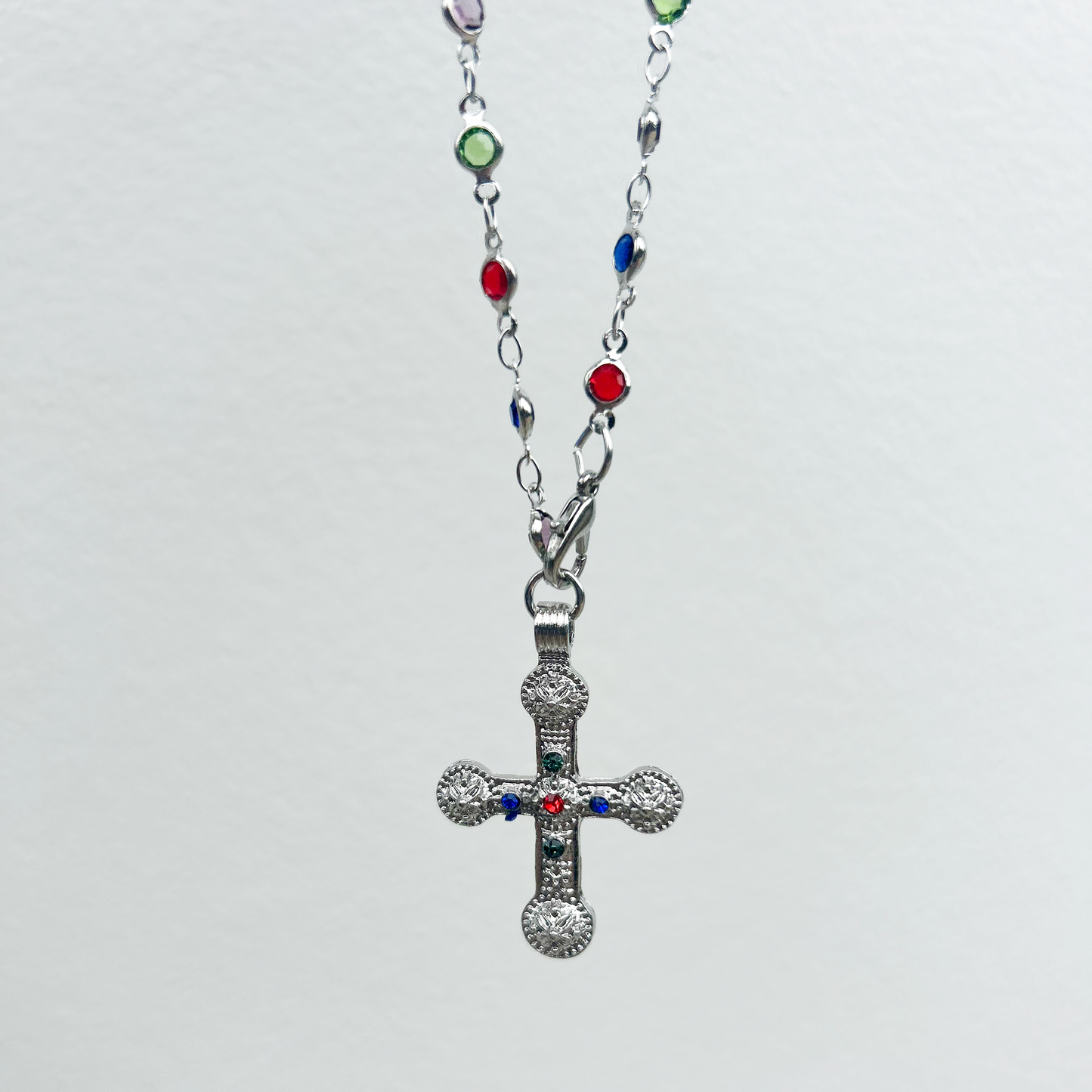 Mileva Cross Necklace in Silver with Colourful Beads