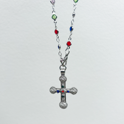 Mileva Cross Necklace in Silver with Colourful Beads